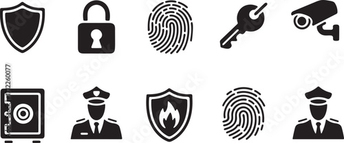 Collection of security and protection icons including safe lock fingerprint key and guard