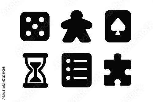 Board game icon set. Black glyph pictograms for tabletop games. Vector collection of dice, meeple, playing card, hourglass, rules list, and puzzle piece symbols.