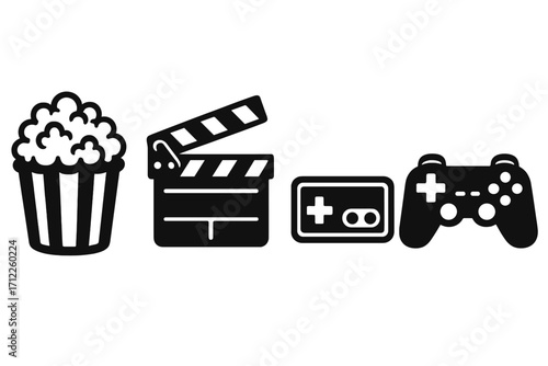 Cinema and gaming icon set. Movie and video game symbols. Retro entertainment silhouette collection with popcorn, film clapperboard, and console game controllers. Vector.
