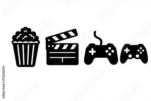 Cinema and video gaming entertainment icons. Set of black silhouettes including popcorn, movie clapperboard, and game controllers. Vector illustration for film and gamer concepts.