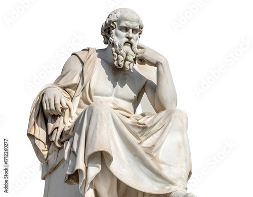 Full Body Marble Statue of Socrates Seated in Thought, Isolated on Transparent Background