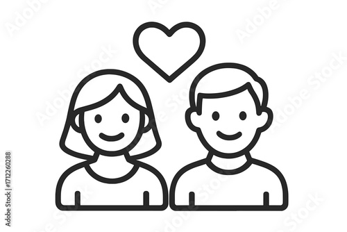 Couple in love icon with man and woman. Simple outline vector of a relationship. Romantic partners with a heart symbol for Valentine's day, dating app or marriage concept.