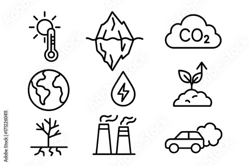 Climate change line icon set. Global warming vector icons. CO2 emissions, air pollution, melting glacier, high temperature, fossil fuels. Ecology and environment concept symbols.