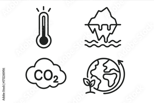 Climate change icon set. Global warming concept. Temperature rise, melting iceberg, CO2 emission cloud, ecology symbol. Environment pollution outline vector illustration.