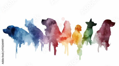 Colorful watercolor silhouette of various dog breeds dripping in rainbow hues. National Veterinary Technician Week