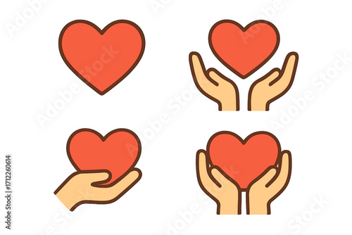 Heart in hand icon set. Love, care, charity, and donation concepts. Health, giving, and support symbols. Valentine's day. Vector cartoon illustration flat design elements.