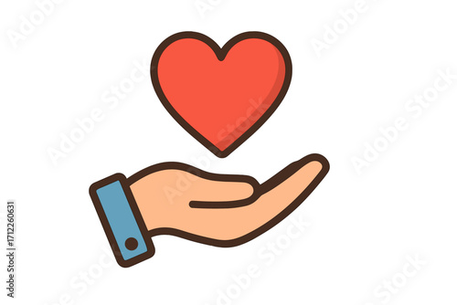 Hand giving a red heart icon. Metaphor for charity, love, donation, and health. Symbol of care, kindness, and support. Vector for volunteering, compassion and social help.