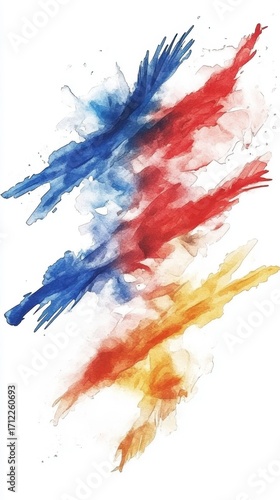 Abstract brush strokes of blue, red, and yellow watercolors on white background. Philippine-British Friendship day