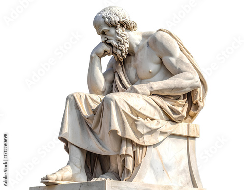 Full Body Marble Statue of Socrates Seated in Thought, Isolated on Transparent Background