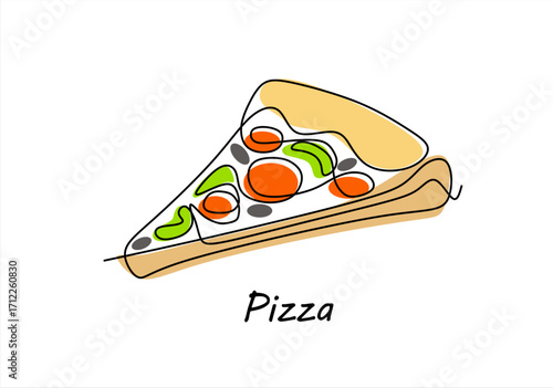 Pizza slice illustration with vegetables in continuous line art. line icon-continuous line drawing. Editable stroke.