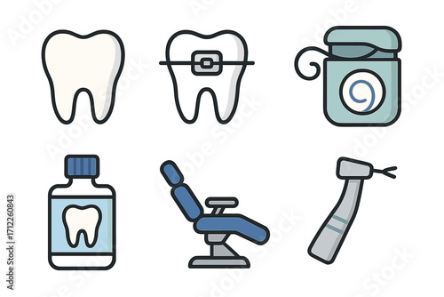 Dental care icon set with tooth, braces, floss, and mouthwash. Vector cartoon illustration of dentist equipment like a dental chair and drill. Oral hygiene and orthodontics.