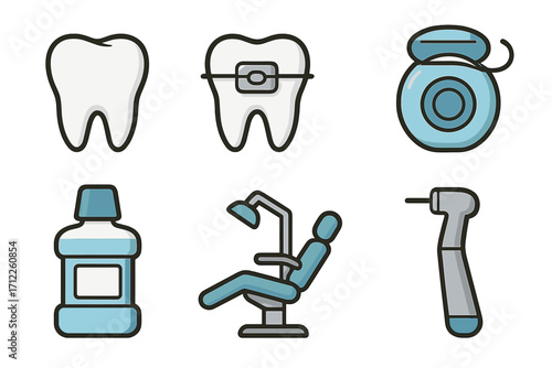 Dentistry and oral hygiene icon collection. Tooth, braces, floss, mouthwash, dental chair, drill symbols. Stomatology and orthodontics elements. Vector cartoon illustration set.