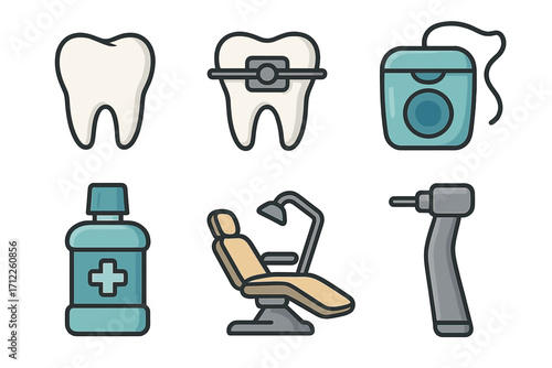Dental care icon set. Tooth, braces, floss, mouthwash, dentist chair, drill. Vector cartoon illustration for dentistry, oral hygiene, stomatology, orthodontics. Flat design.