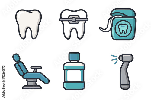 Dental care icons set. Vector collection for dentistry, stomatology, and orthodontics. Includes tooth, braces, floss, mouthwash, dentist chair, and medical drill symbol.