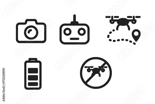 Drone minimal icon set. Simple line icons of quadcopter, camera, remote control, flight path, battery, and no drone zone symbol. Vector pictograms for web, app, UI, UX.