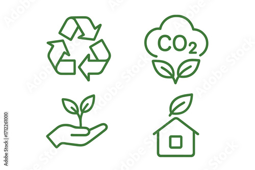 Eco icons set for sustainability and green living. Vector symbols for recycle, CO2 reduction, nature care, and eco friendly home. Environment and ecology concept line art.
