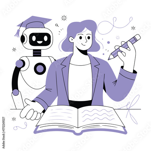 Woman studying with robot assistant