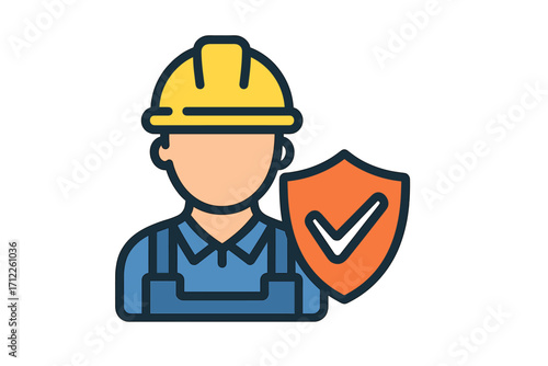 Employee protection and safety at work concept. Worker with hard hat holding a shield with a check mark. Job security and insurance icon for business and industry. Vector.