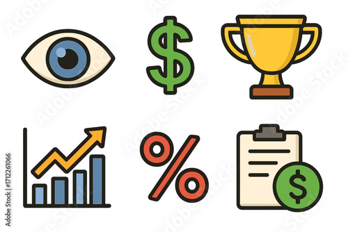 Vector icons set of essential advertising KPIs. Business marketing performance metrics: budget, cost, ROI, growth chart, success trophy, reach and engagement analytics.