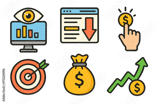 Advertising metrics icon set for digital marketing success. Vector concepts for impressions, CTR, CPC, conversion, budget, and ROI. Pay-per-click analytics and business goal.