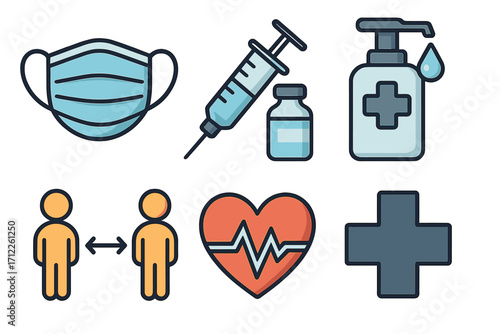 Health and safety icon set for disease prevention. Includes face mask, vaccine, sanitizer, social distancing, and healthcare symbols. Flat vector illustration for pandemic awareness