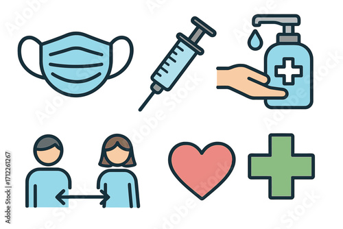 Health and safety icon set with mask, vaccine, sanitizer, and social distancing symbols. Vector cartoon illustration for medical, healthcare, and disease prevention concepts.