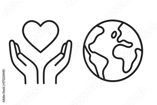 Hands holding heart and planet Earth line icon set. Love and care concept for charity, donation, and help. Vector symbol for environment, world health, and global peace.