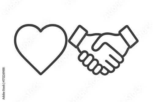 Handshake and heart icon. Partnership, love, and trust symbol. Concept of a friendly deal, collaboration, charity and support. Vector line illustration for business agreement.