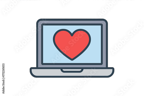 Laptop with big red heart on screen vector illustration. Online dating, virtual love, technology concept. Social media like, favorite, health care, or charity donation icon.