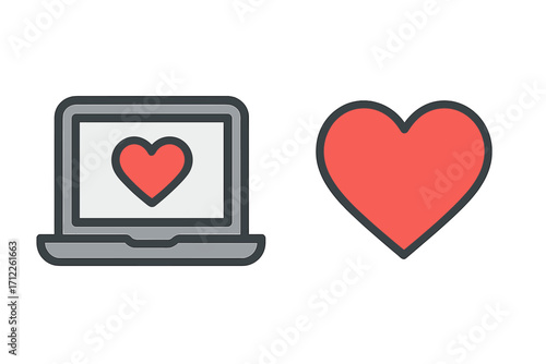 Online dating concept with laptop and heart icon. Social media like button, favorite symbol. Flat design vector illustration set for valentine's day, love, romance, health.