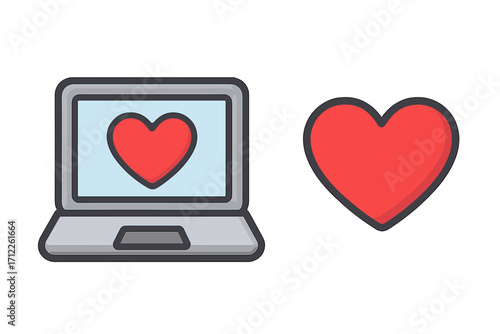 Online dating app concept with laptop and heart icon. Social media like button, favorite symbol. Digital love, romance, and health care technology vector illustration set.