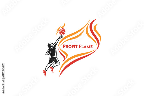 Basketball player reaching for ball with flame logo Keywords: basketball, player, jump, shot