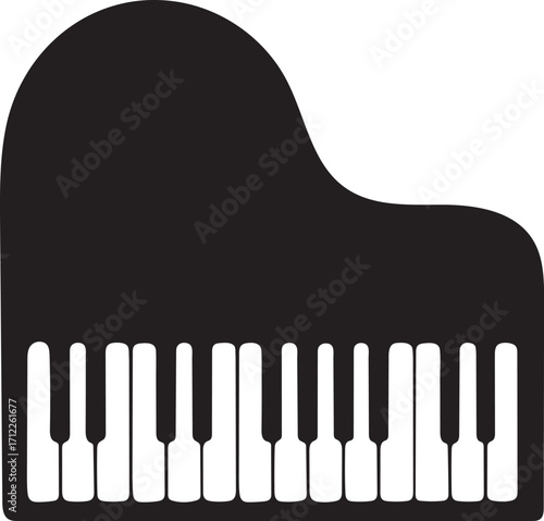 Silhouette of a grand piano with its keyboard visible on a white background