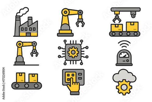 Industrial automation icons collection. Factory, robotics, smart technology elements. Industry 4.0 manufacturing process, robot arm, conveyor belt, CPU and cloud icons.