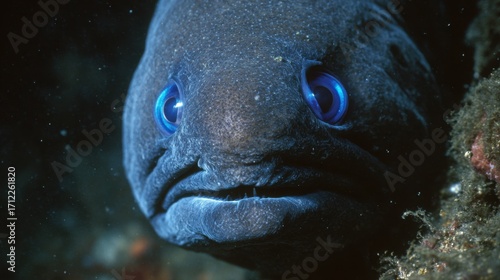 Close-up of a blue-eyed moray eel underwater, Hagfish Day