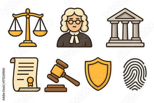 Law icons set with scales, judge, courthouse, legal document, gavel, shield, fingerprint. Vector cartoon symbols of justice, court, crime, and law. For judiciary concepts.