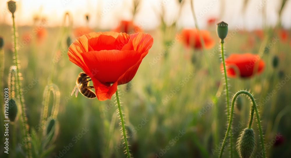Naklejka premium Close up of a bee on a red poppy in a field at golden hour light