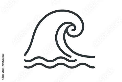 Ocean wave line icon. Sea water swirl symbol. Minimalist surf logo. Nature storm tidal wave sign. Abstract flowing water ornament. Vector linear graphic element design.