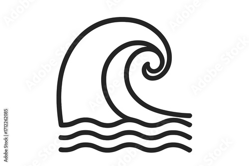 Vector line wave symbol. Ocean sea water swirl icon. Minimalist surf sign illustration. Nature decorative element. Aqua flow graphic. Tsunami storm surge current concept.