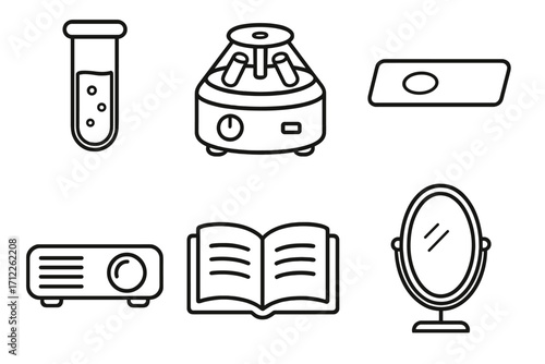 Science research and education icon pack. Linear vector symbols for lab, learning. Test tube, centrifuge, microscope slide, projector, book, and mirror for self analysis.