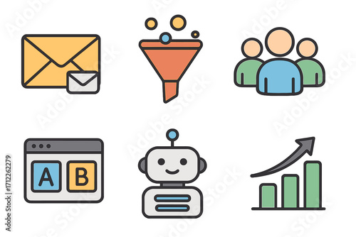 Marketing automation icon set for digital strategy. Vector icons for email campaigns, sales funnel, audience segmentation, A/B testing, chatbot AI, and ROI analytics.