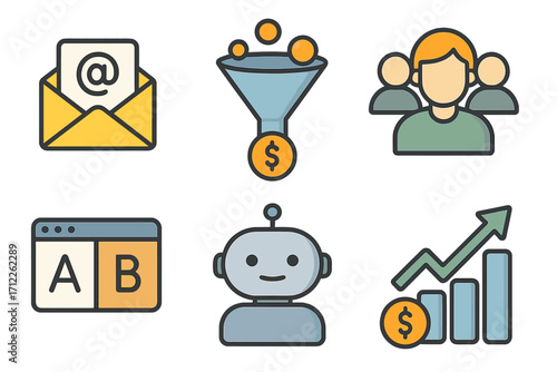 Marketing automation icon set. Email campaign, sales funnel, target audience, A/B split testing, chatbot and ROI chart. Vector cartoon illustration for digital business.