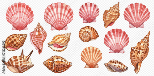 A beautiful collection of various hand-drawn seashells in pink, orange, and brown tones on a transparent background.