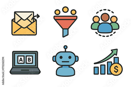 Digital marketing automation icon set. Email campaign, lead generation sales funnel, customer audience segmentation, A/B split test, chatbot, and financial growth ROI chart.