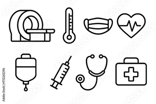 Medical equipment line icon set. Vector illustration of hospital and clinic tools. MRI, thermometer, mask, heartbeat, IV drip, syringe, stethoscope, and first aid kit.