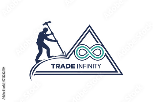 Silhouette of a miner with pickaxe and infinity symbol logo