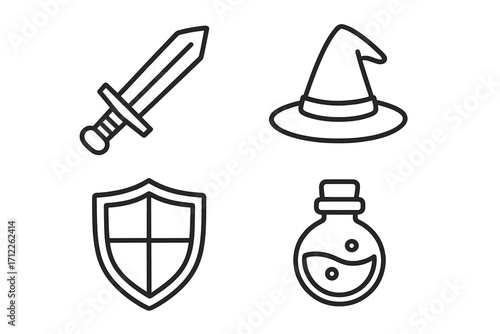 RPG fantasy game icon set. Line art vector of sword, shield, magic potion, and wizard hat. Medieval knight and sorcerer assets for adventure, battle, and UI design.