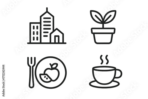 Urban living icon set minimal line art style. City architecture, home gardening, healthy food, and coffee break concepts. Vector illustration for web, mobile app design.