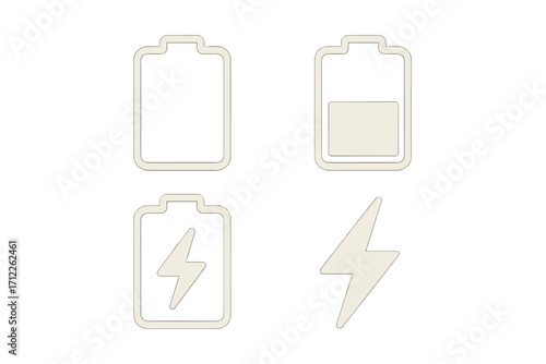 Set of minimalist battery charge level indicator icons. Vector line art illustration of power status, from empty to full. Electricity, energy, and charging symbol concept.