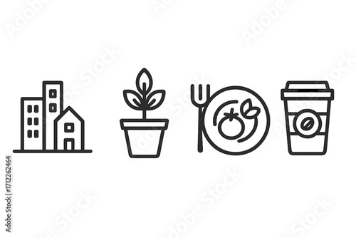 Urban living line icon set. City lifestyle concepts including architecture, home gardening, healthy food, and coffee to go. Minimal vector illustration symbols for web and mobile.